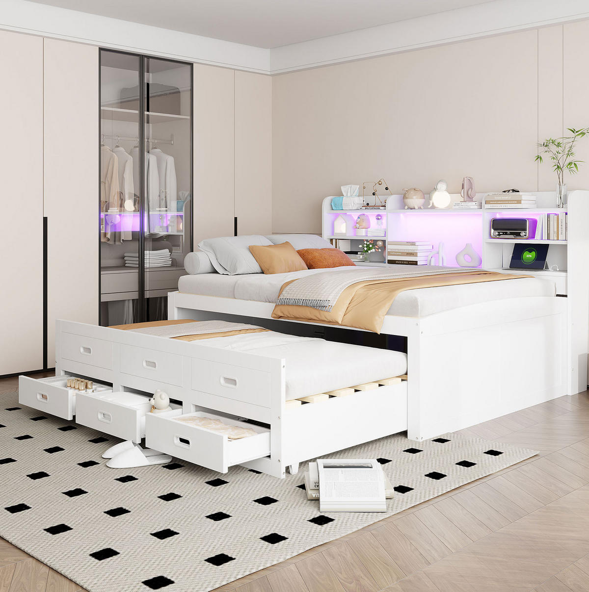 TAGESBETT 140/200 cm Weiß mit LED-Fernbedienung und 3 Schubladen - Weiß, Holzwerkstoff (140/200cm) - OKWISH