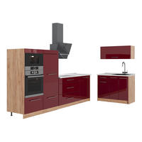 KUHINJA Fame-Line, Bordo rdeča barva visokega sijaja/Zlati hrast z močjo, 380 cm, DP Marmor - barve hrasta/bordo, leseni material (380/153.6/60cm) - Vicco