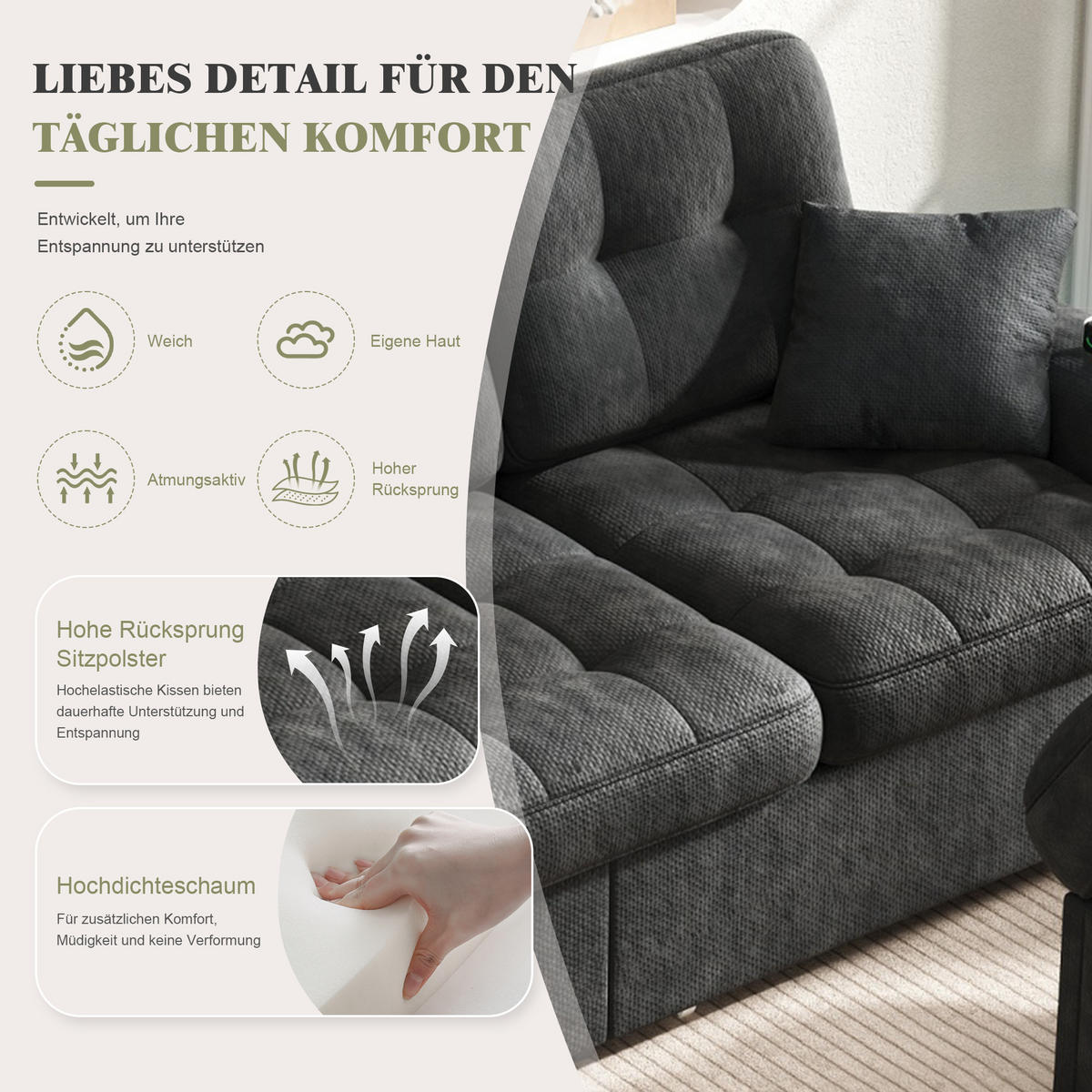 BIGSOFA mit Stauraum-Hocker, USB-C, LED und Becherhaltern aus Chenille - Schwarz, Textil (194.5/83/133cm) - EVRYAE