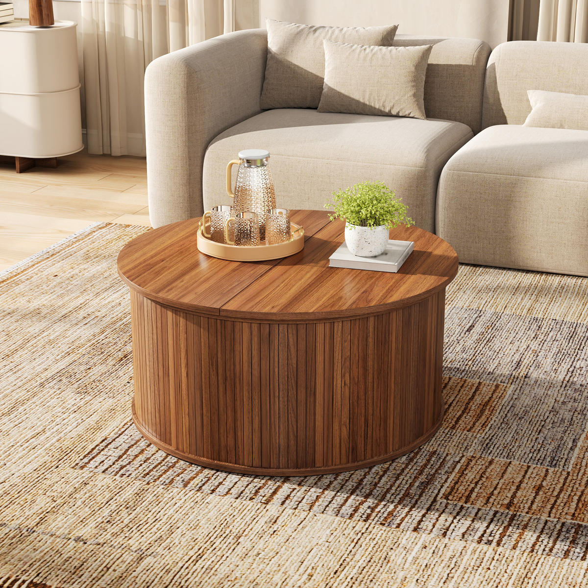 COUCHTISCH rund, MDF, höhenverstellbar mit Stauraum - Walnussfarben, Holzwerkstoff (88/88/53.5cm) - FLIEKS