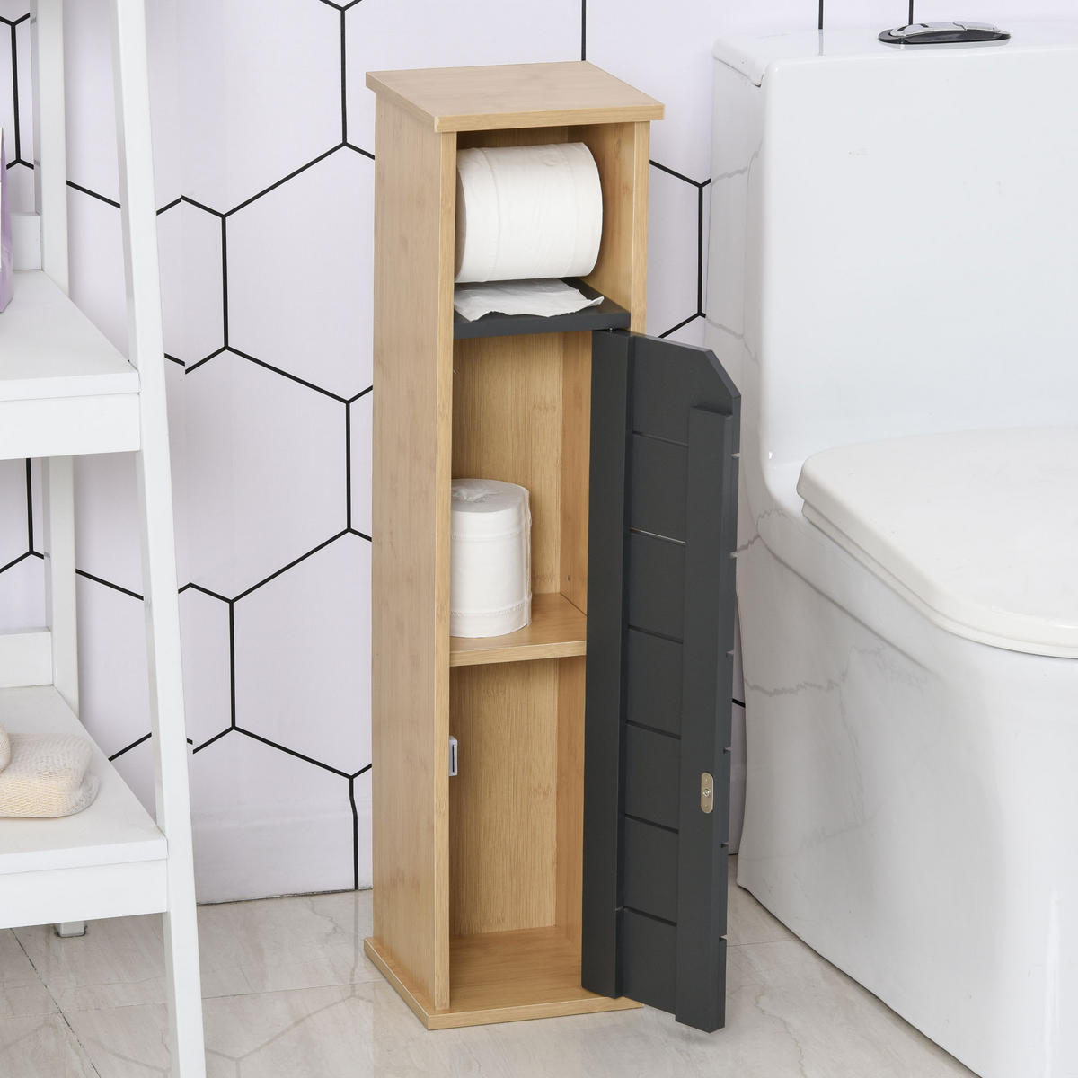 TOILETTENPAPIERHALTER DE-12333 2 Ebenen mit Auslass Bambus und Grau - Grau, Holzwerkstoff (18/75/18cm) - ComfortXL