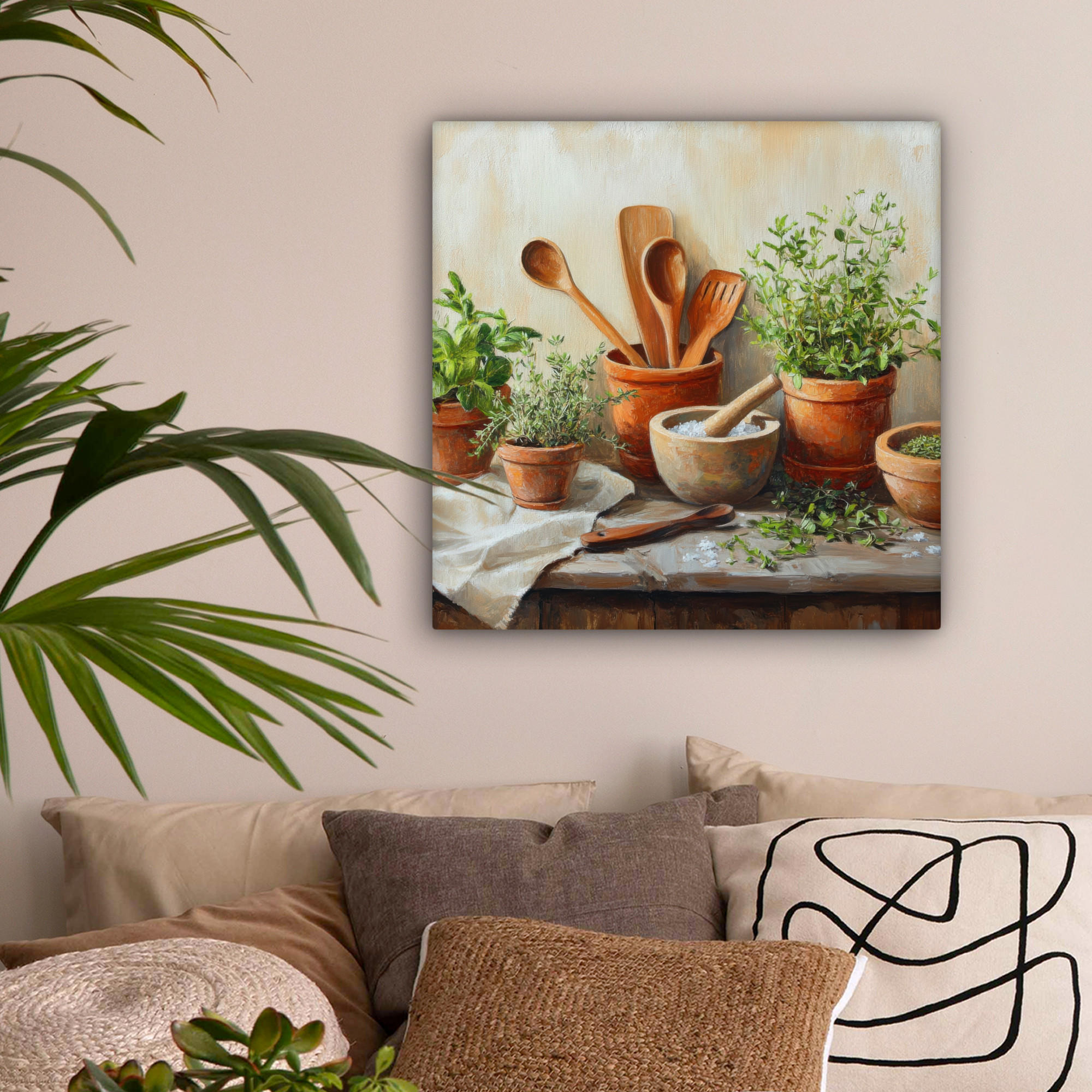 LEINWANDBILD Töpfe - Kräuter - Holz 50x50 cm - Terracotta, Textil (50/50cm) - MuchoWow