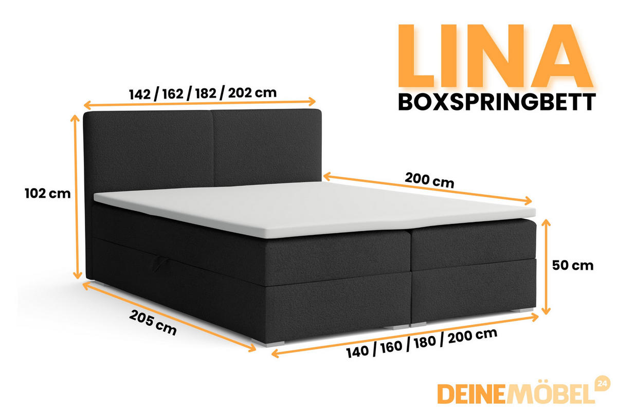 BOXBETT LINA 180/200 in Boucle Schwarz H4 - Schwarz, Holz/Holzwerkstoff (180/200cm) - Deine Möbel 24