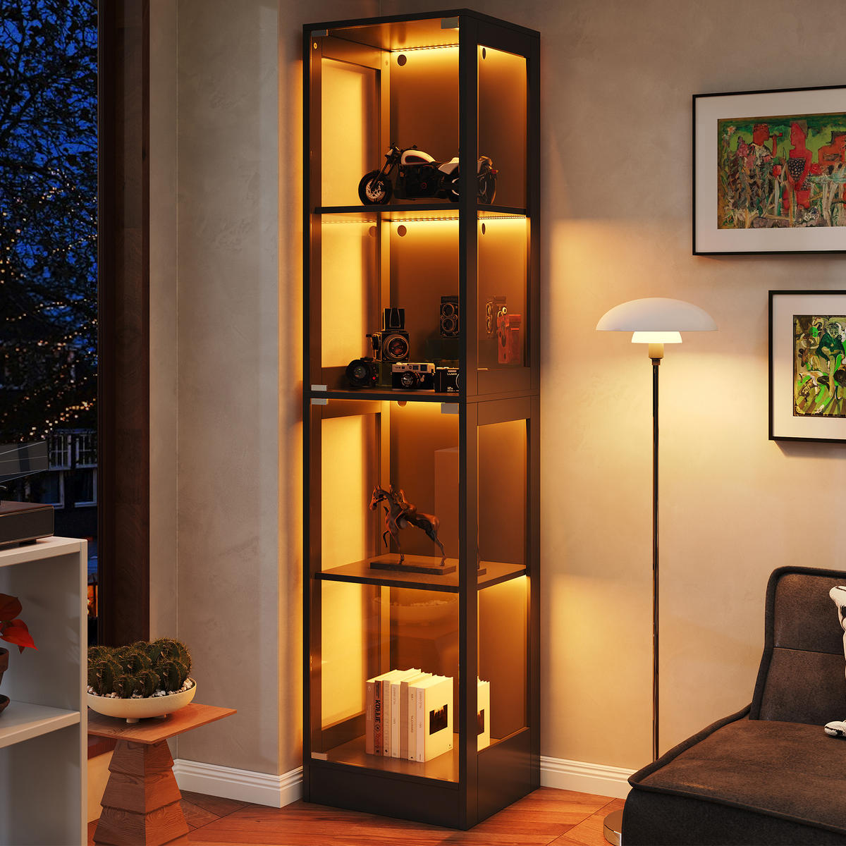 VITRINE Glas MDF mit 4 Ebenen Stauraum schmal modern Push-to-Open Schrank Wohnzimmer Design - Schwarz, Glas/Holzwerkstoff (40/170/35cm) - EVRYAE