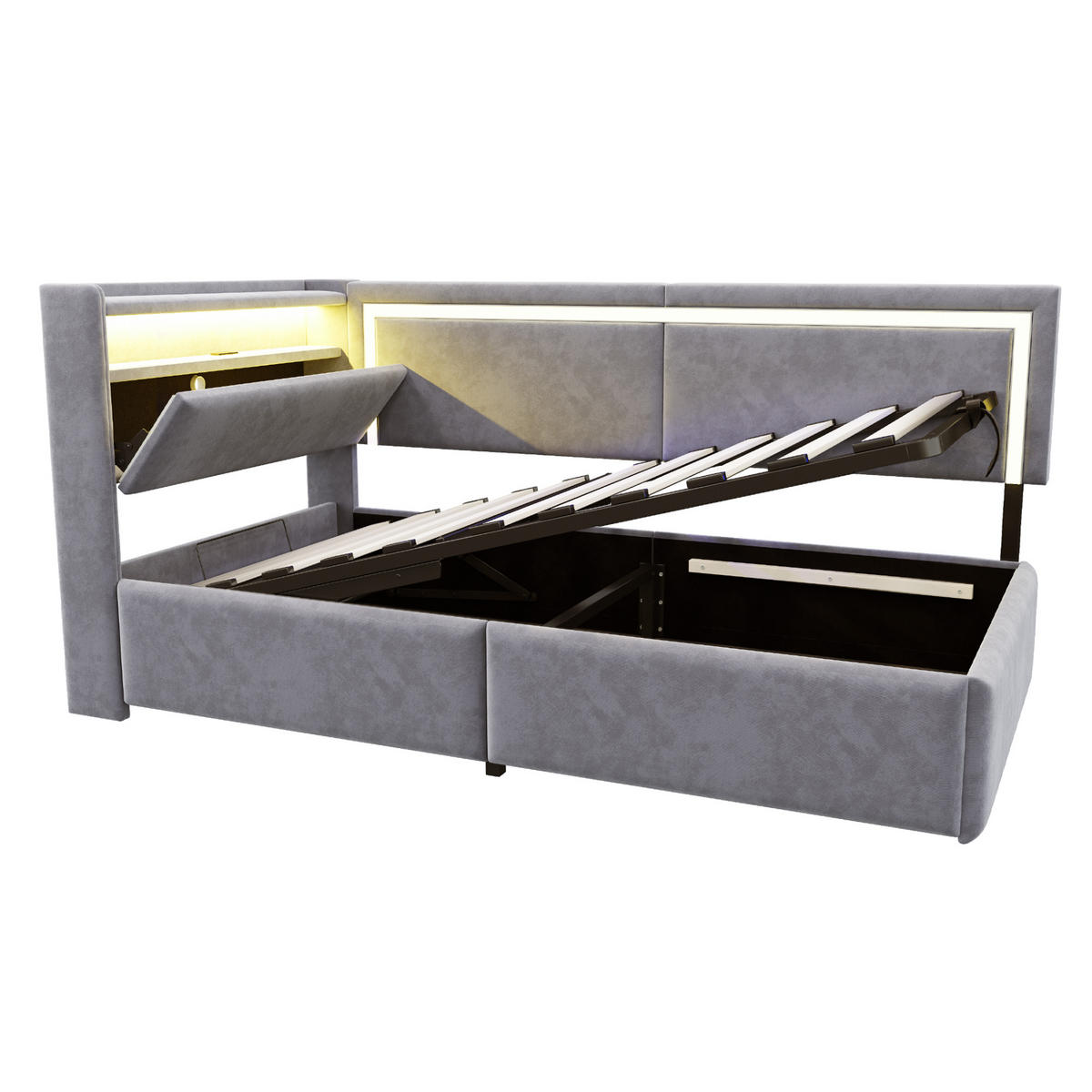 POLSTERBETT 90/200 cm hellgrau aus Samt mit LED und USB Stauraum - Hellgrau, Textil (90/200cm) - OKWISH