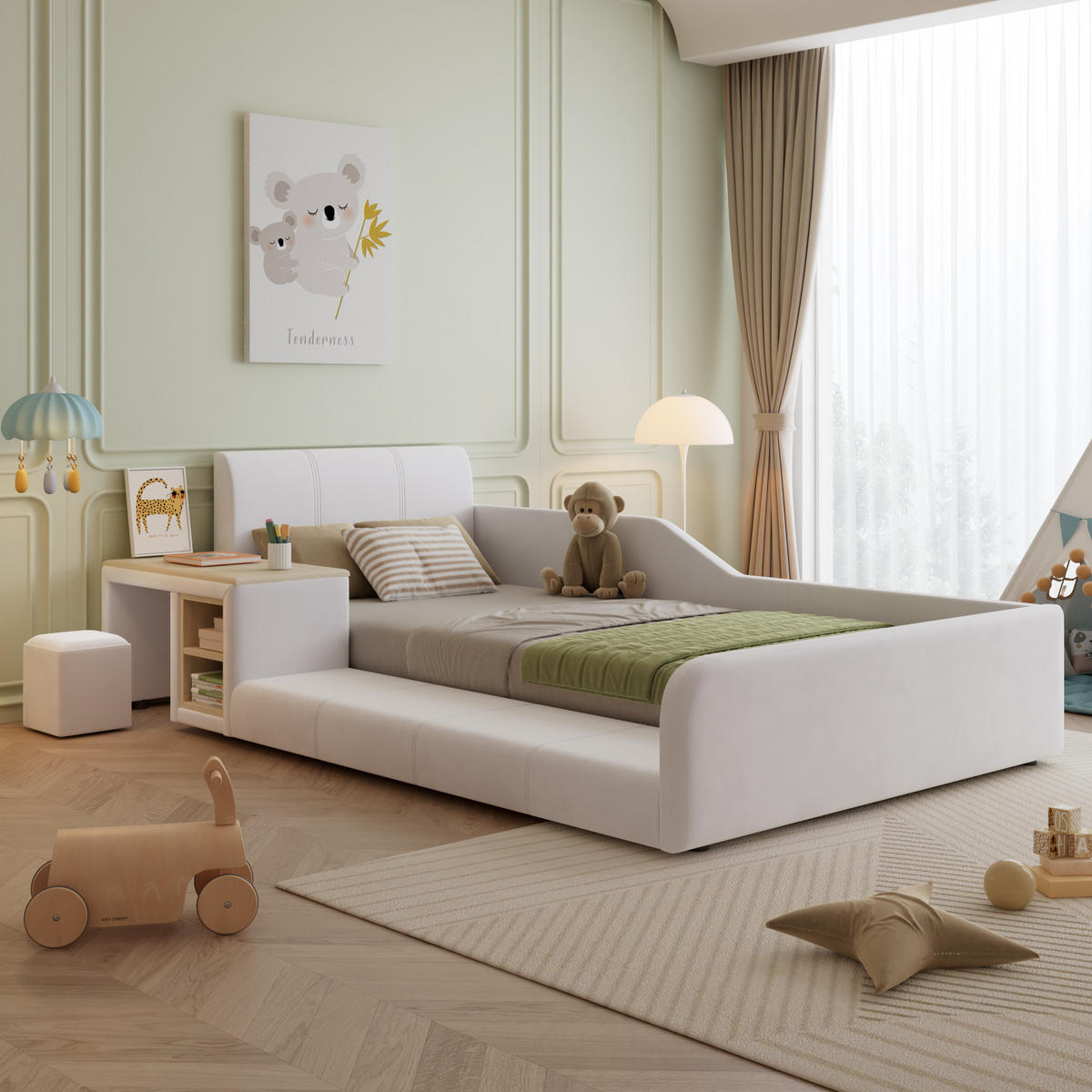 KINDERBETT 90/200 cm in Weiß mit Schreibtisch, Hocker und Ablageboden Samt - Weiß, Holzwerkstoff/Textil (90/200cm) - CHICFURN