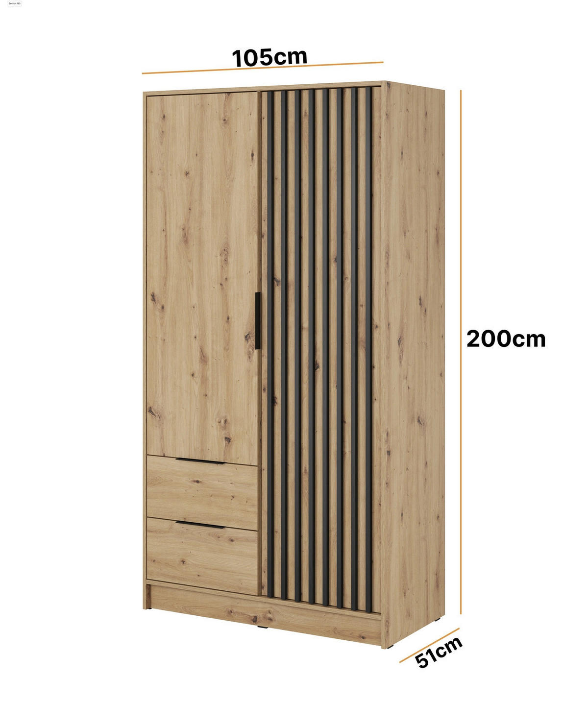 KLEIDERSCHRANK Stilo in Eiche Artisan, zweitürig, mit Schubladen und Lamellen an der Vorderseite - Schwarz/Eiche Artisan, Holzwerkstoff/Kunststoff (105/200/51cm) - Ravio