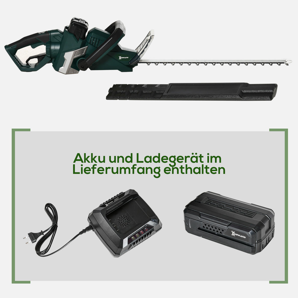 ELEKTRISCHER Heckenschere Heckenschneider Kabellos 52cm Schnittlänge Drehgriff - Grün, Metall (20/20/110cm) - DURHAND