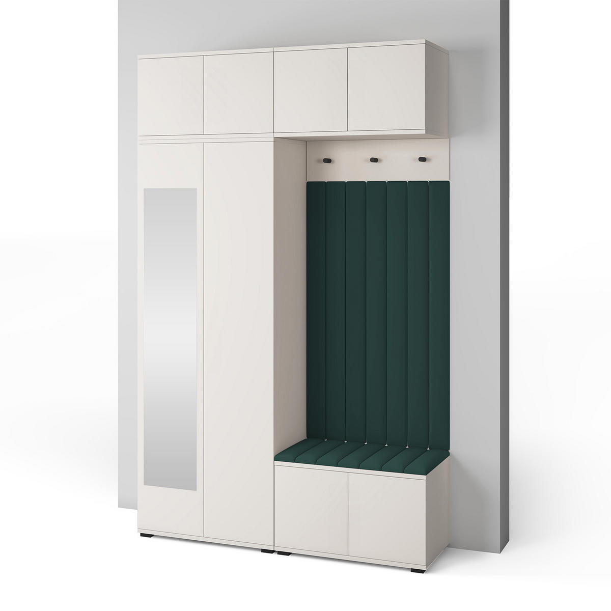 GARDEROBE Napoli version 11 mit Spiegel, mit POLSTERPANEELEN GRUN - Beige/Grün, Holzwerkstoff (140/225/40cm) - Jerpax
