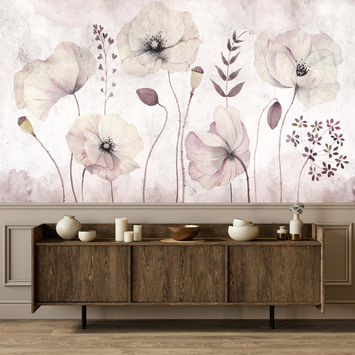 FOTOTAPETE für Schlafzimmer Zarte Mohnblumen Wiese Blumen 500x350 - Violett, Papier (500/350cm) - Muralo