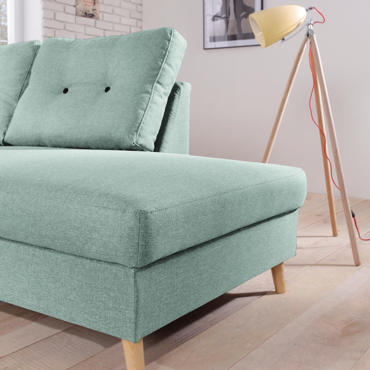 ECKSOFA mit Ottomane - Webstoff - Hellbraun/Mintgrün, Holz/Textil (230/200cm) - home24