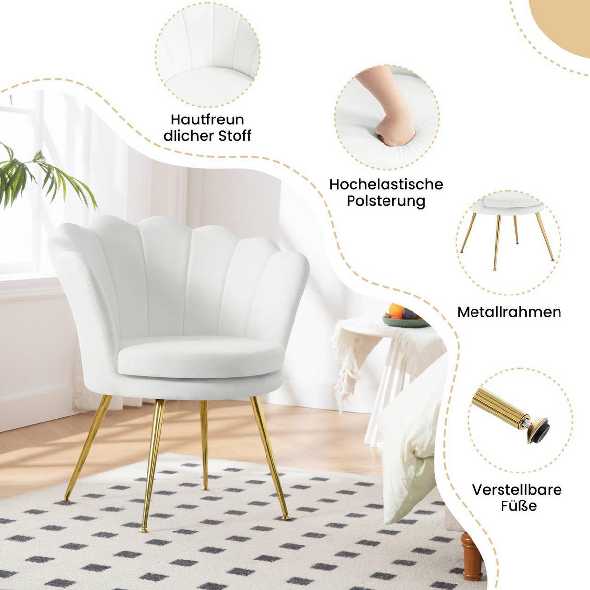 RELAXSESSEL Blumenform, Samtbezug, Weiß+Gold - Goldfarben/Weiß, Textil/Metall (68/75/62cm) - Woltu