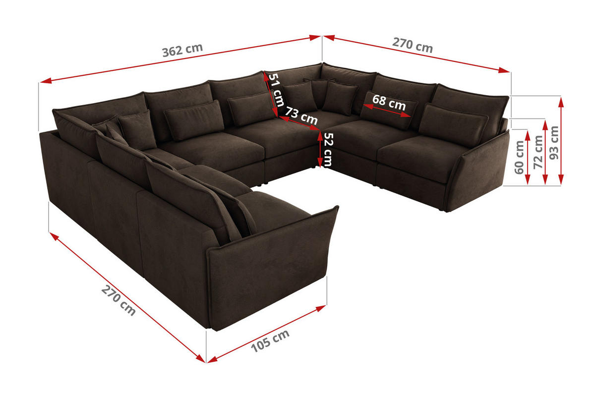 WOHNLANDSCHAFT VERSO U 8M Braun Velvet - Schwarz/Braun, Kunststoff/Textil (362/93/270cm) - MKS