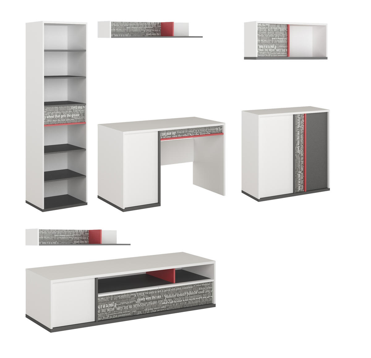 JUGENDZIMMER-SET Philosophy Schrift Print / weiß / graphit 7-teilig - Graphitfarben/Weiß, Holz/Holzwerkstoff (425/199/56cm) - Feldmann-Wohnen