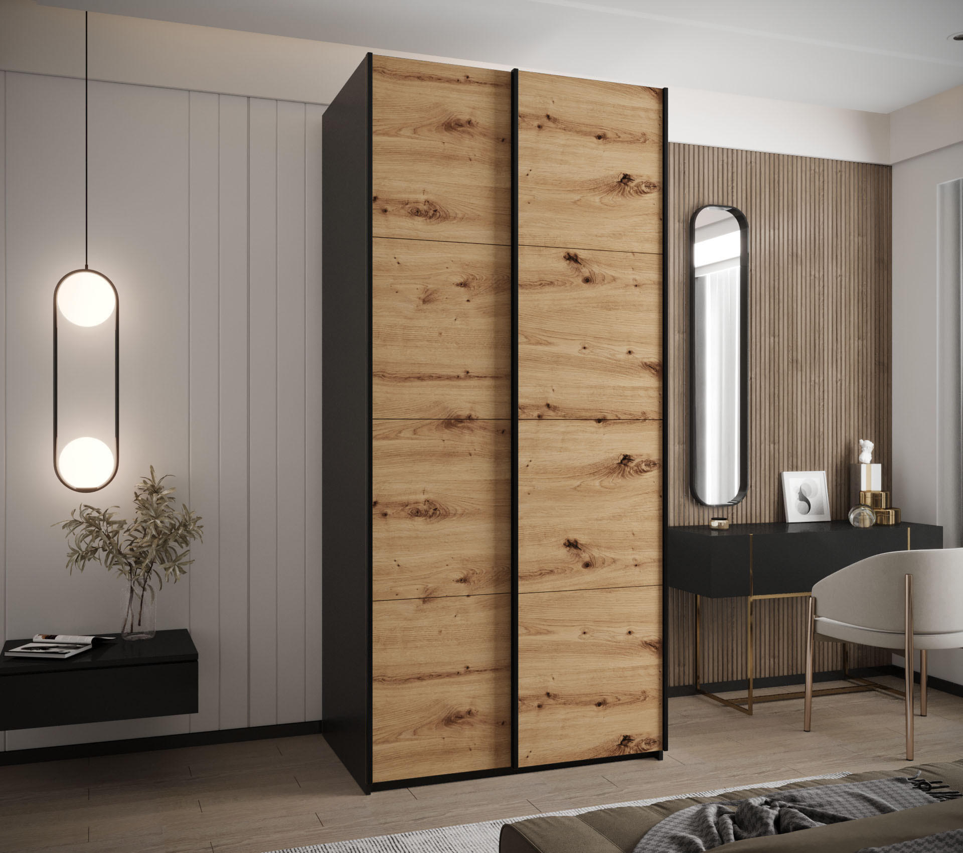 SCHWEBETÜRENSCHRANK 245,5/120/64 2-türig - Schwarz/Eiche Artisan, Holz/Metall (120/245/64cm) - Abiks Möbel