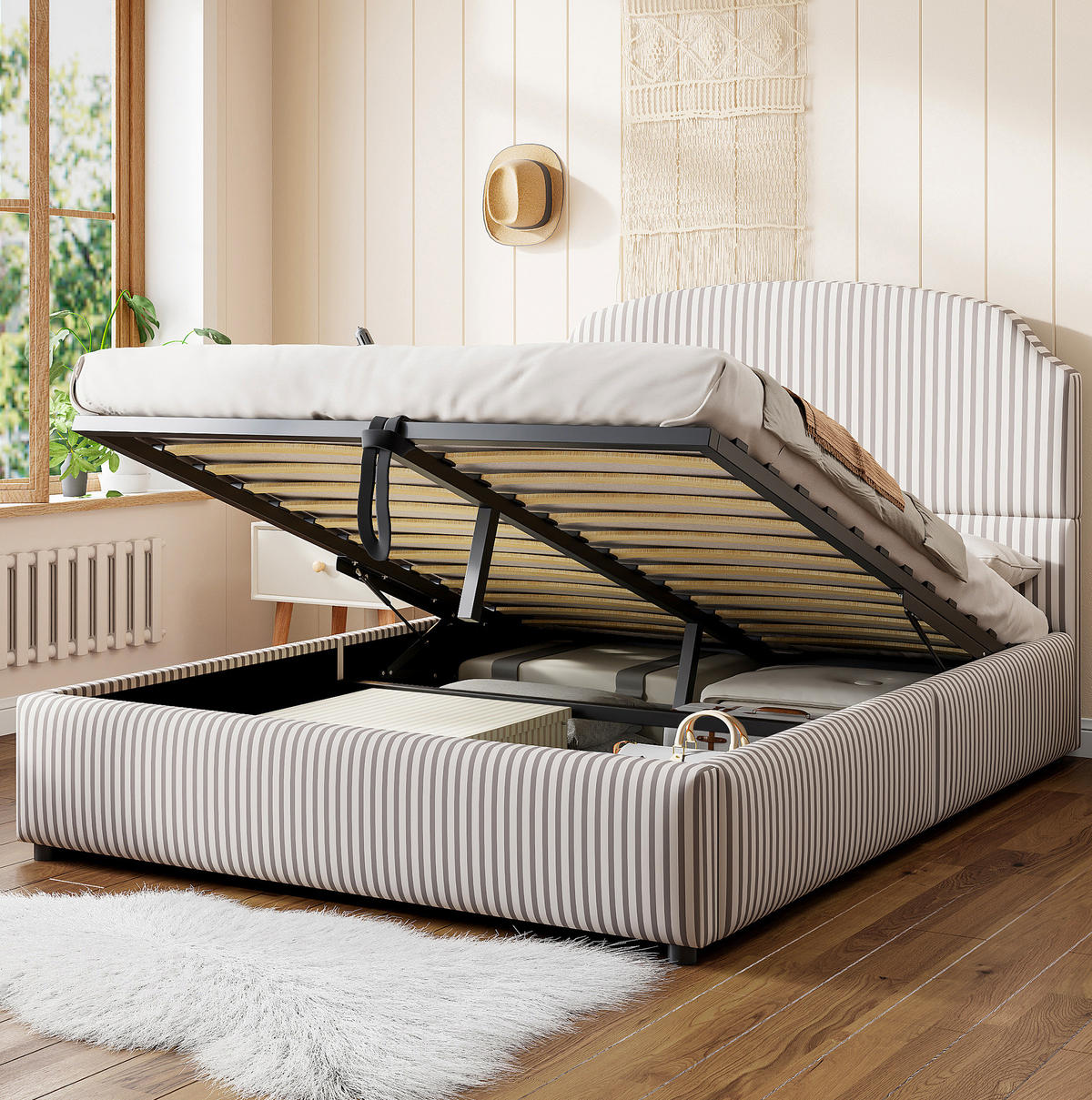 POLSTERBETT 140/200 cm mit Bettkasten und gepolstertem Kopfteil - Weiß, Textil (140/200cm) - BEAOK