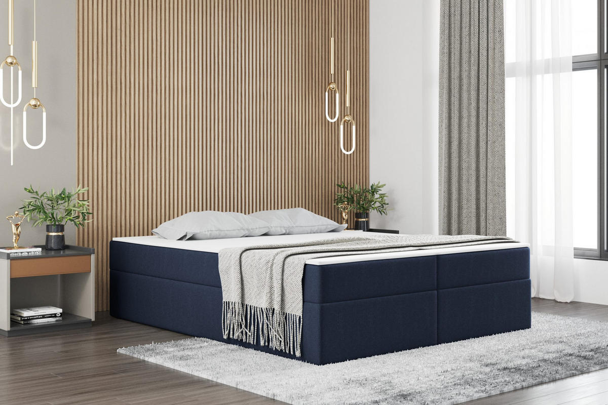 BOXBETT Mit Bettkasten Und Matratze Topper Ruben Marineblau 120x200 cm H2-Pocket - Dunkelblau, Holz/Textil (120/200cm) - Kaiser Möbel