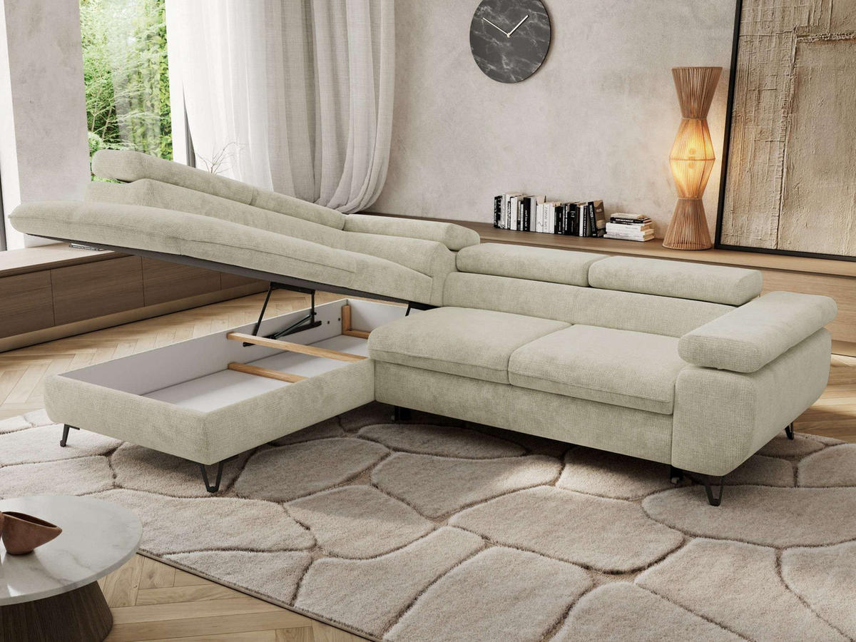 ECKSOFA PABLO L Creme Schenille grob gewebt - Links Seite mit T25 Topper - Creme/Schwarz, Textil/Metall (208/273cm) - MKS