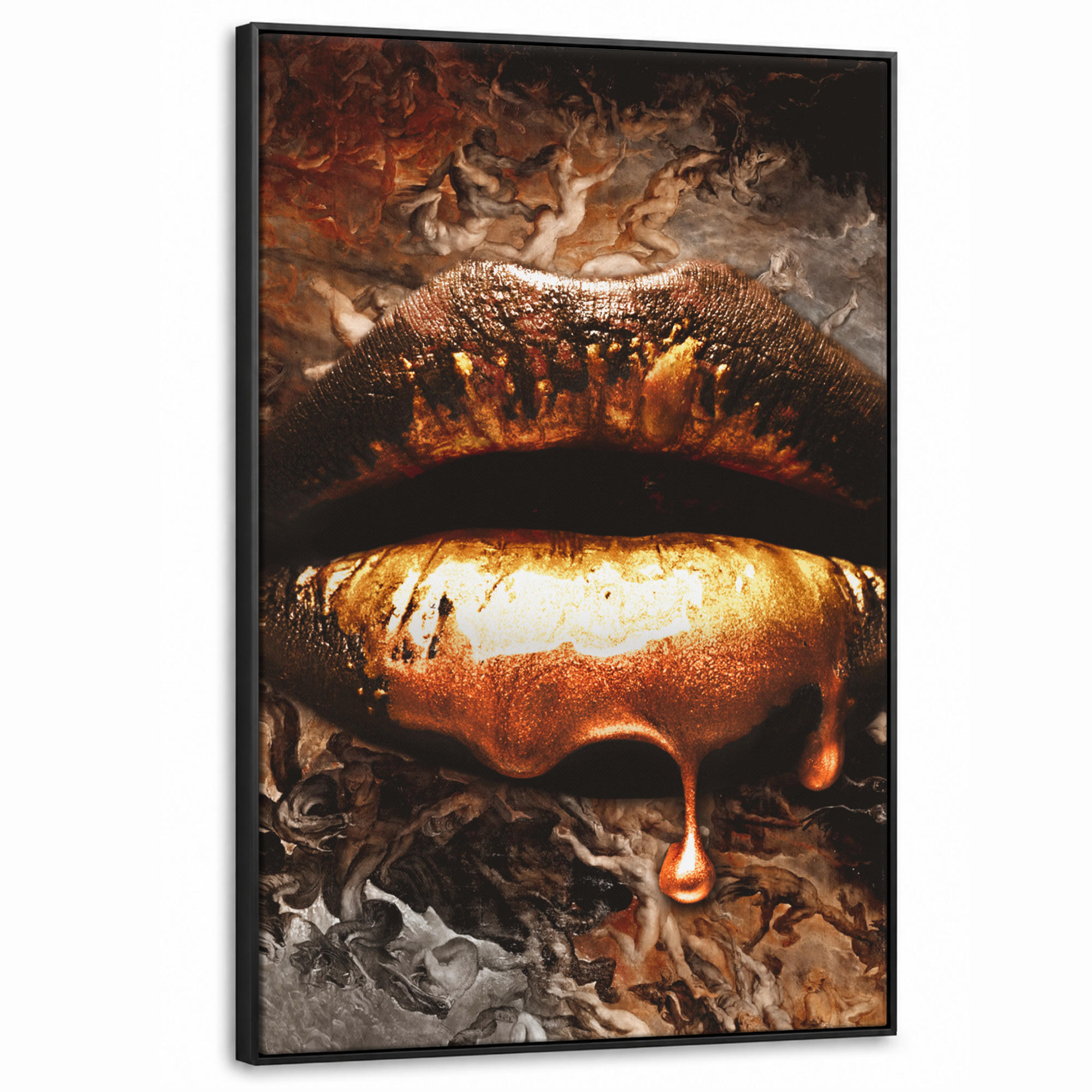 LEINWAND Bilder mit Rahmen - Gold - Lippen - Kunst - Gold - Luxus - Abstrakt - 80x120 - Kupferfarben, Textil (80/120cm) - MuchoWow