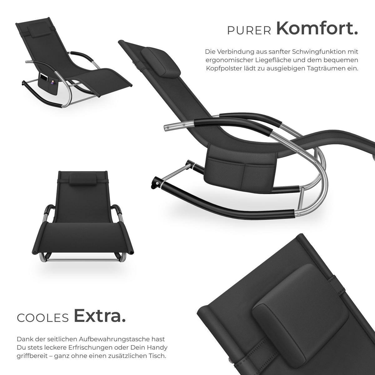 GARTENLIEGE Taya, abnehmbares Kopfpolster, seitliche Aufbewahrungstasche, schwarz - Schwarz, Kunststoff (62/92/142cm) - tectake