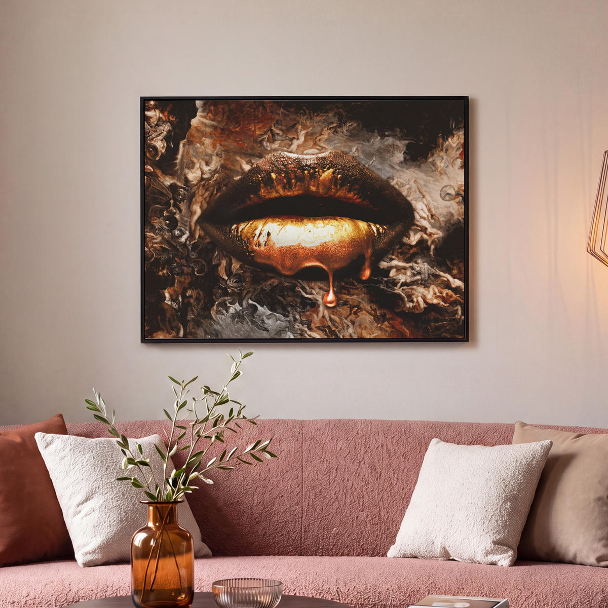 LEINWAND Bilder mit Rahmen - Gold - Lippen - Kunst - Gold - Luxus - Abstrakt - 80x60 - Kupferfarben, Textil (80/60cm) - MuchoWow