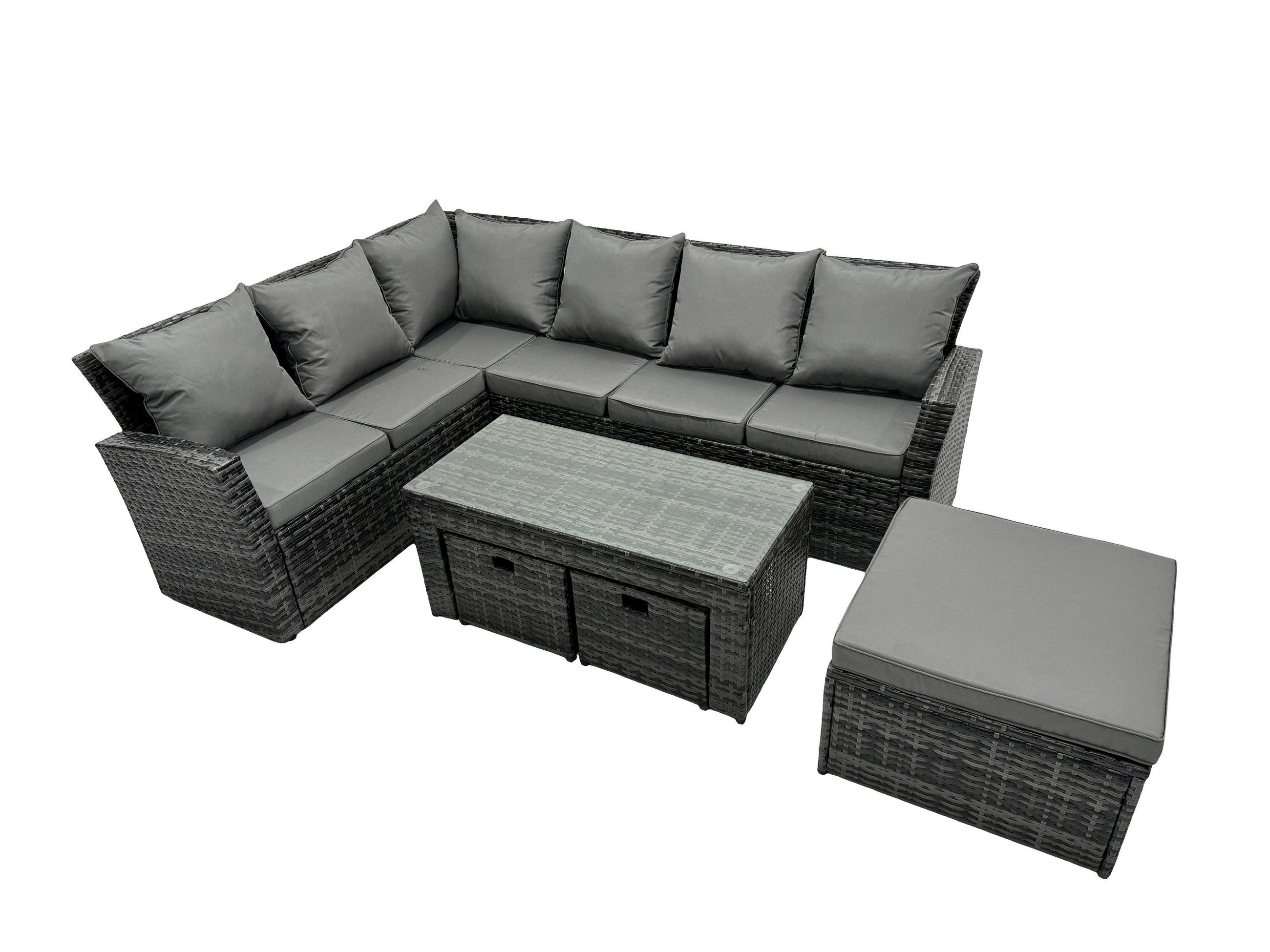 BALKONMÖBEL-SETS mit Ecksofa,Länglicher Couchtisch,3 Hockern Polyrattan Dunkelgrau 9-Sitzer - Dunkelgrau/Grau, Glas/Kunststoff - Fimous
