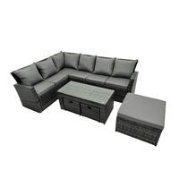 BALKONMÖBEL-SETS mit Ecksofa,Länglicher Couchtisch,3 Hockern Polyrattan Dunkelgrau 9-Sitzer - Dunkelgrau/Grau, Glas/Kunststoff - Fimous