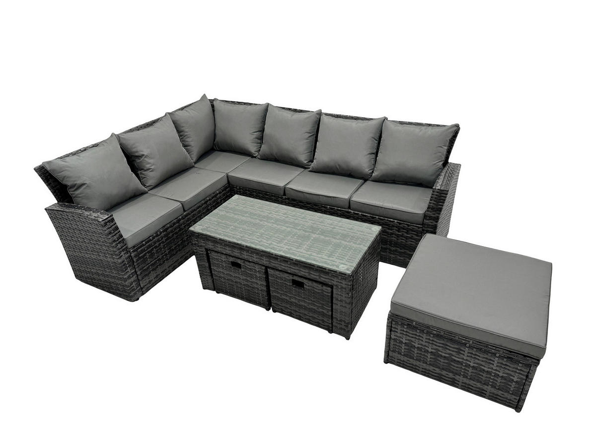 BALKONMÖBEL-SETS mit Ecksofa,Länglicher Couchtisch,3 Hockern Polyrattan Dunkelgrau 9-Sitzer - Dunkelgrau/Grau, Glas/Kunststoff - Fimous