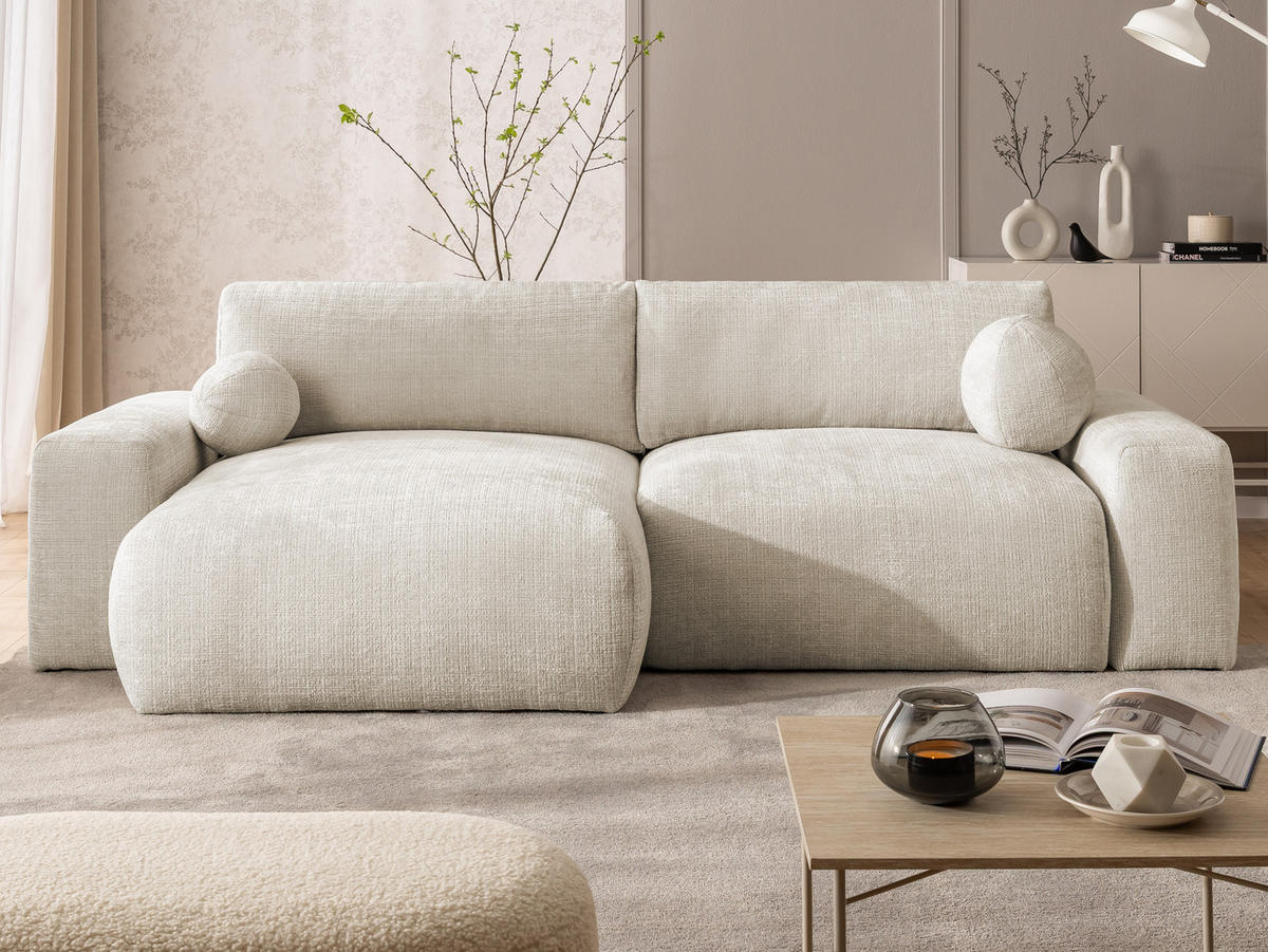 ECKSOFA Puffy mit Schlaffunktion und Bettkasten - besonders weich und puffig aus Beige Chenille-Stoff - Ottomane links - Beige/Creme, Holz/Kunststoff (138/266cm) - S-Style Möbel
