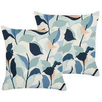 GARTENKISSEN 2er-Set Blattmotiv blau/weiß 45/45 cm Veglino - Dunkelblau, Textil (45/45cm) - Beliani