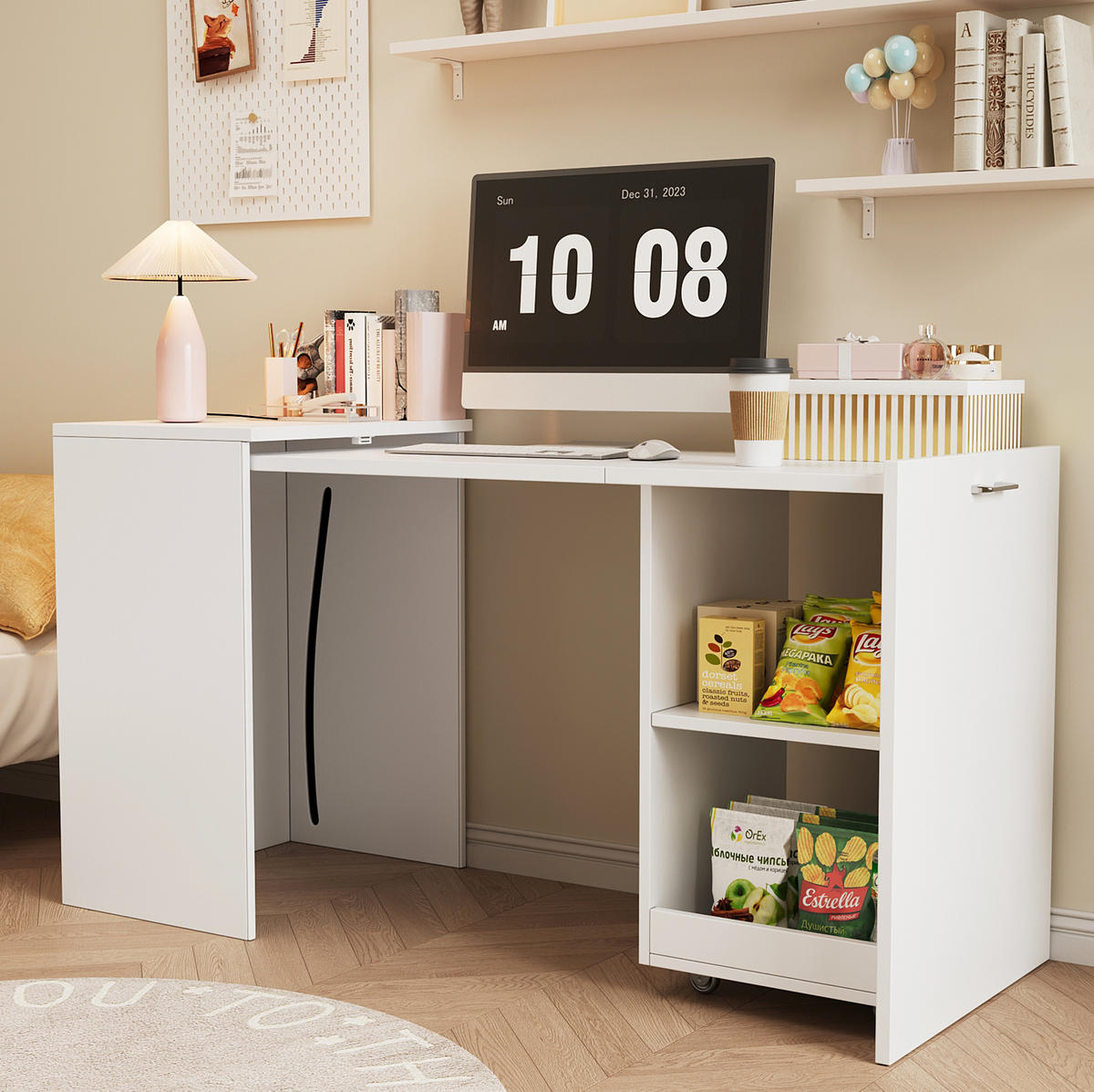 KLAPPTISCH 2-in-1 126 x 55 x 75 cm Weiß mit 4 offenen Fächern - Weiß, Holz (126/55/75cm) - Meubliv