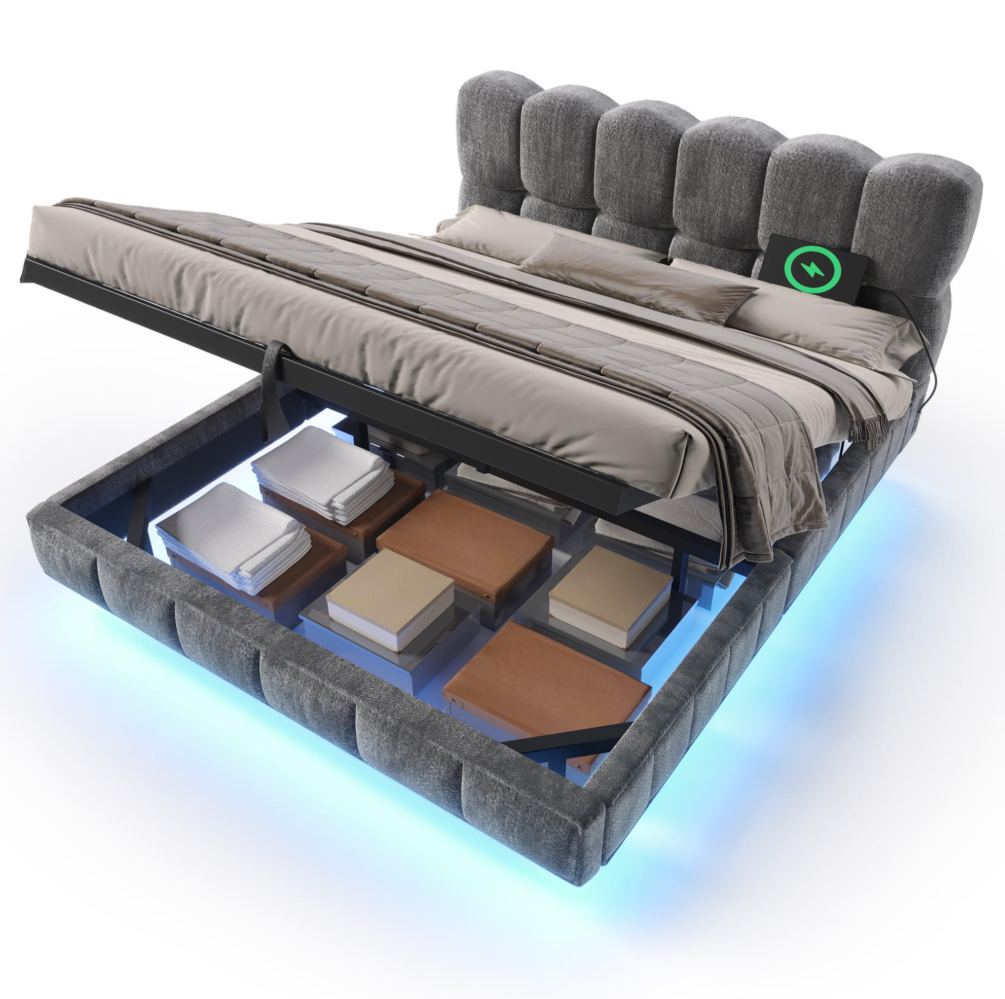 POLSTERBETT aus Chenille 140x200 cm Grau mit hydraulischem Bettkasten, LED und USB-C-Anschluss - Grau, Textil (140/200cm) - Modfu