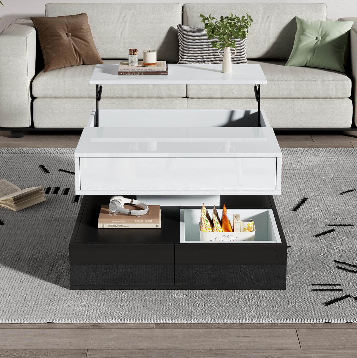 KONFERENČNÍ stolek 70/70/40 cm bílá a černá z dřevotřísky s otočnou a výklopnou deskou - bílá, kompozitní dřevo (70/70/40cm) - OKWISH