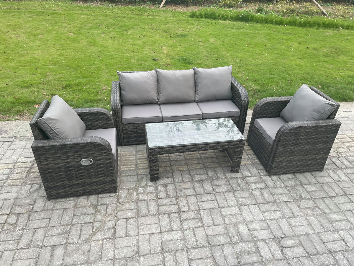 GARTENMÖBEL SET mit Sofa Polyrattan 4-Sitzer Dunkelgrau - Dunkelgrau/Grau, Glas/Kunststoff - Fimous