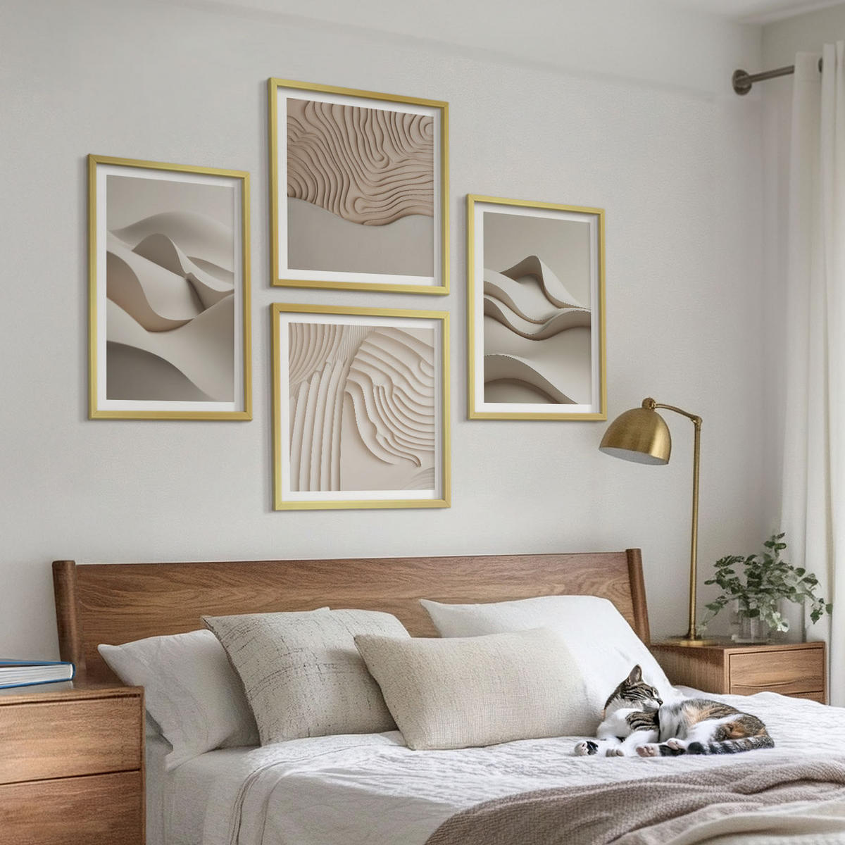 BILDER SET 4er Set - 50x50 cm & 40x60 cm Goldrahmen - Abstrakte beige Wellen - Goldfarben, Kunststoff (50/50cm) - TULUP