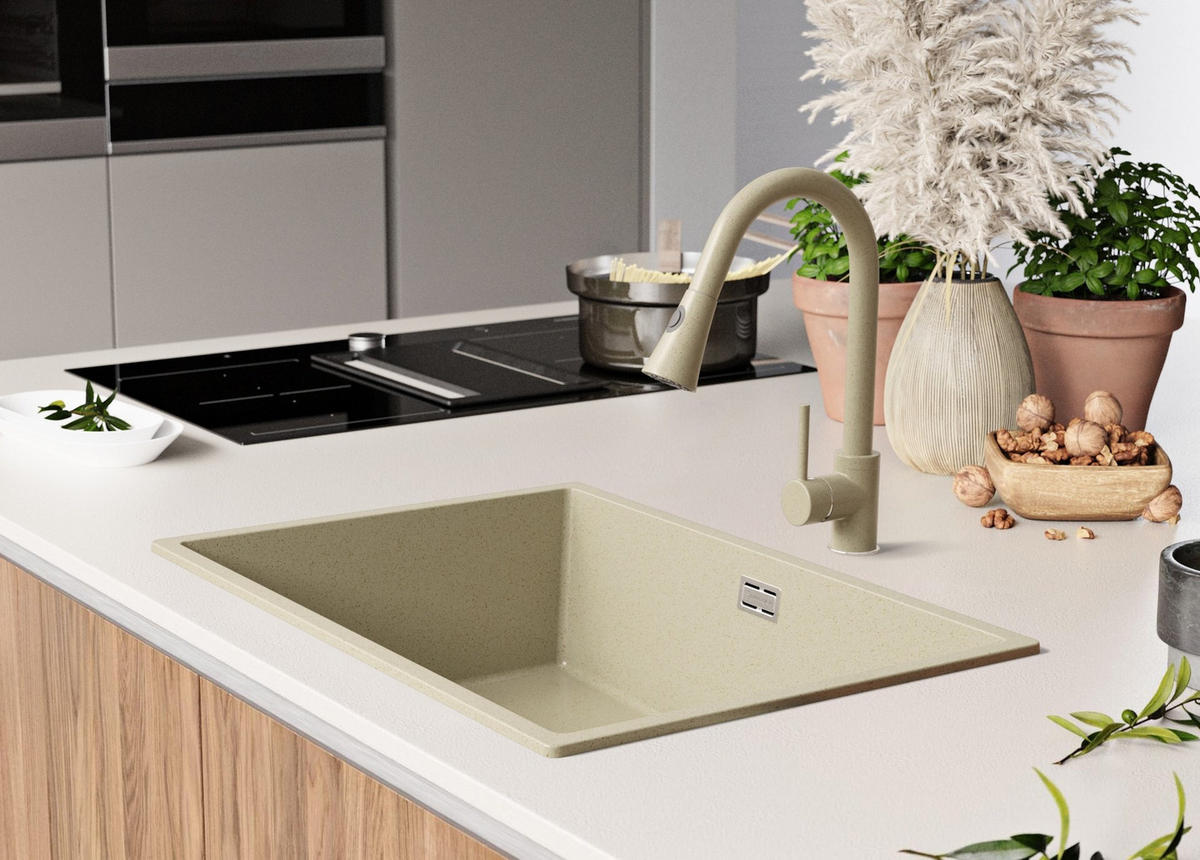 SPÜLBECKEN London Slim, 2-er set Beige 66/47 cm 1 Becken + Ablauf-Set ab 70er Unterschrank - Chromfarben/Beige, Kunststoff (66/20/47cm) - Primagran