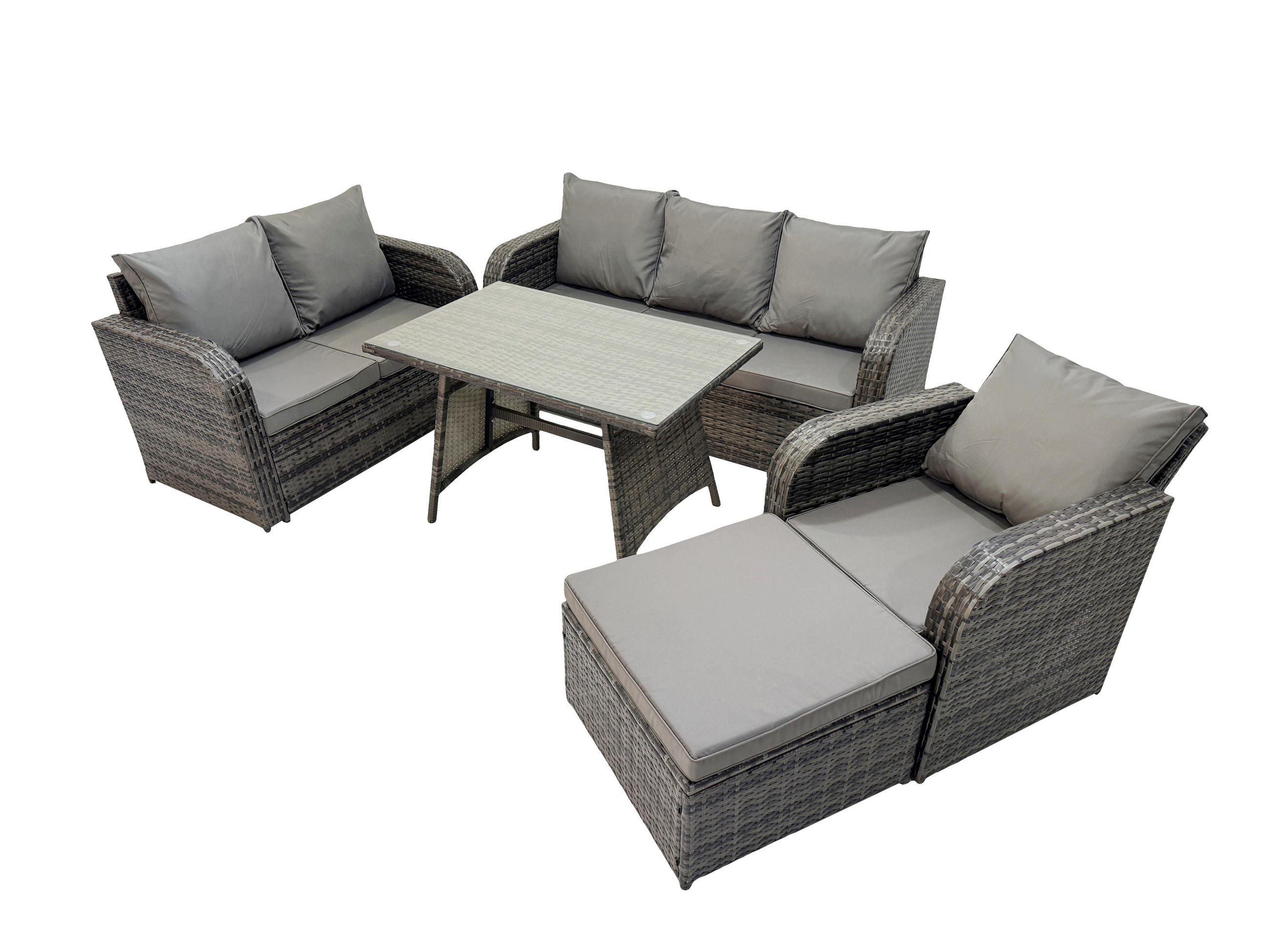 GARTENMÖBEL SET Polyrattan Dunkelgrau 7-Sitzer - Dunkelgrau/Grau, Glas/Kunststoff - Fimous