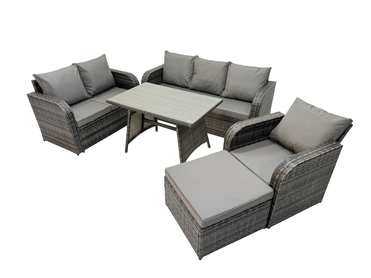 GARTENMÖBEL SET Polyrattan Dunkelgrau 7-Sitzer - Dunkelgrau/Grau, Glas/Kunststoff - Fimous