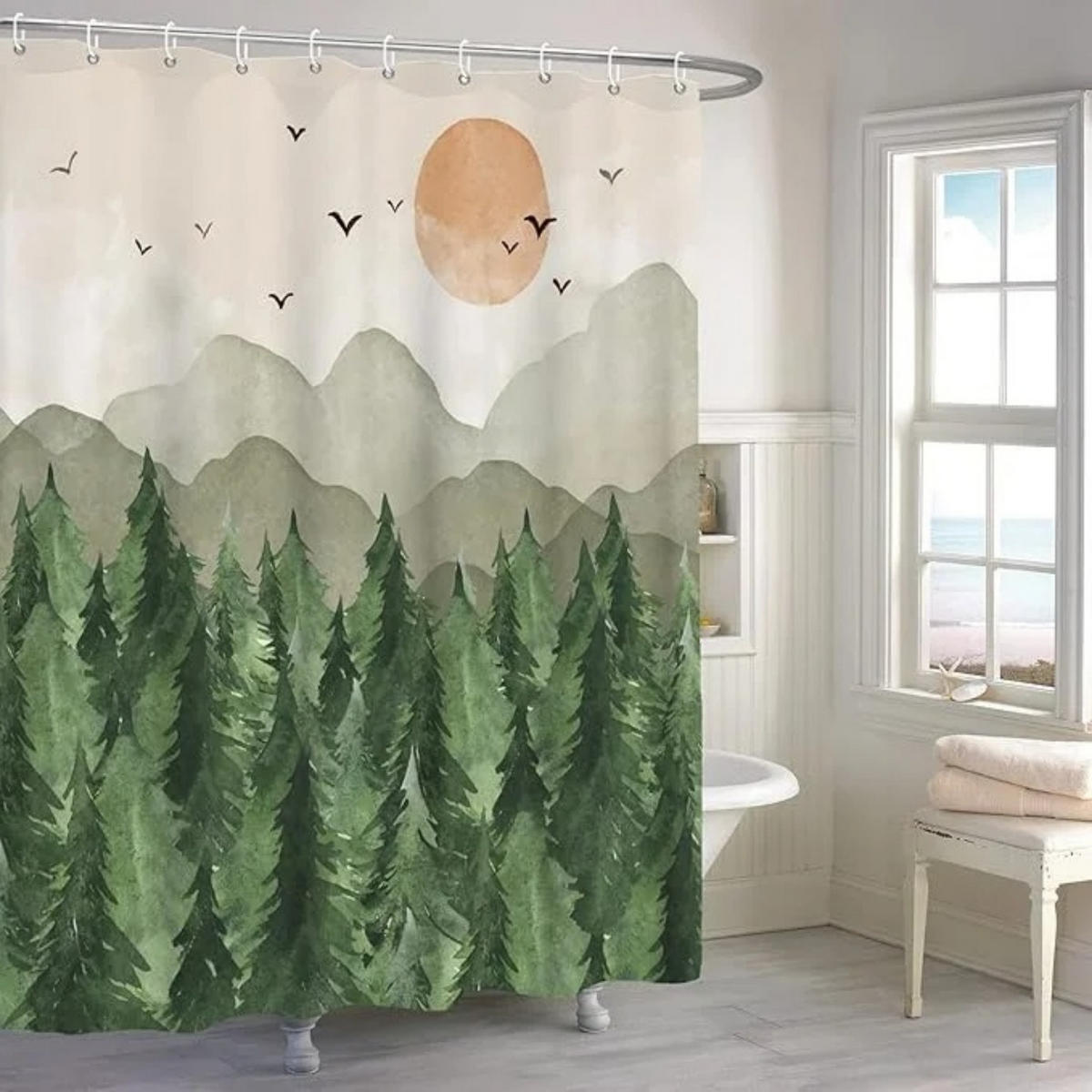 DUSCHVORHANG Vogel waschbar Stoff wasserdicht für Badewanne mit Haken - Grün, Textil (180/180cm) - MCBOSON