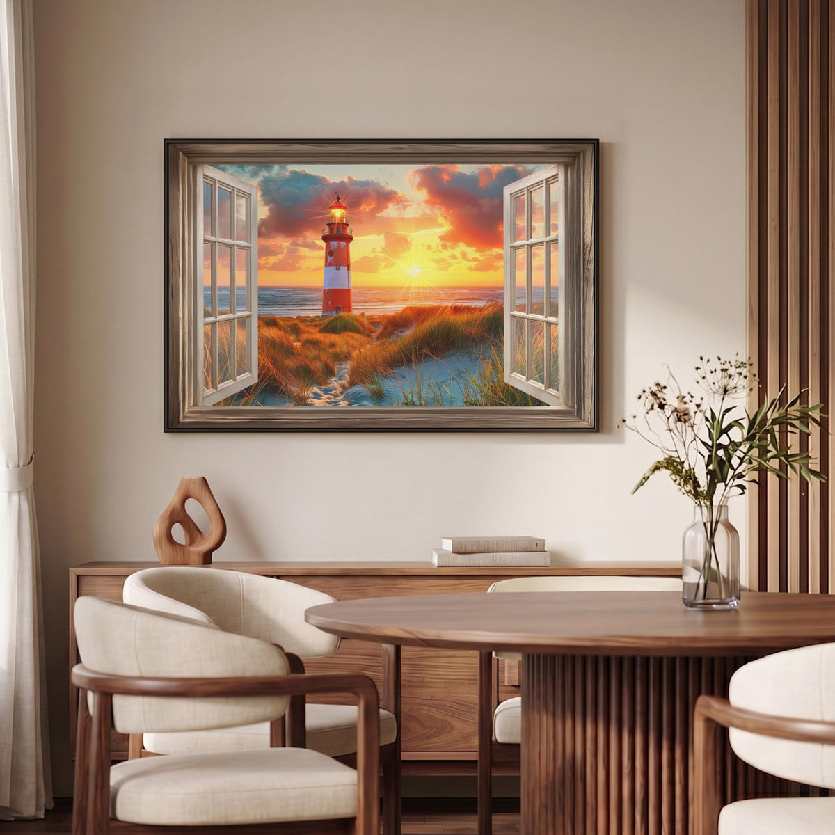 LEINWAND Bilder mit Rahmen - Aussicht - Fenster - Leuchtturm - Sonnenuntergang - Strand - 90x60 - Dunkelorange, Textil (90/60cm) - MuchoWow