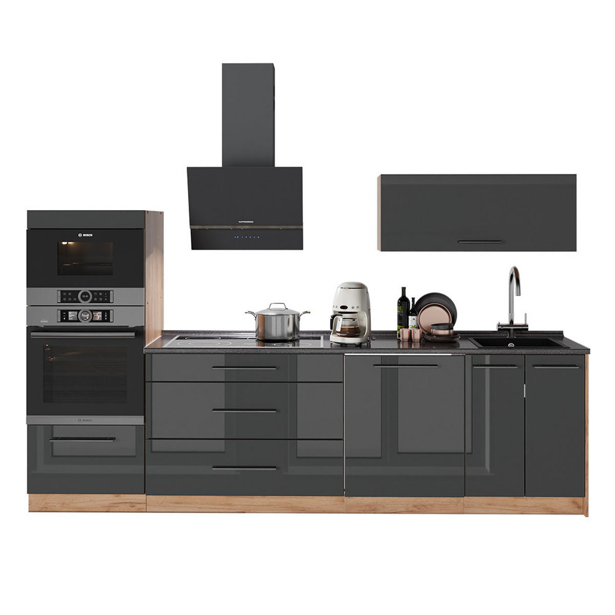 KÜCHENZEILE Fame-Line, Anthrazit Hochglanz/Goldkraft Eiche, 280 cm, AP Marmor - Honigeiche/Schwarz Hochglanz, Holzwerkstoff (280/153.6/60cm) - Vicco
