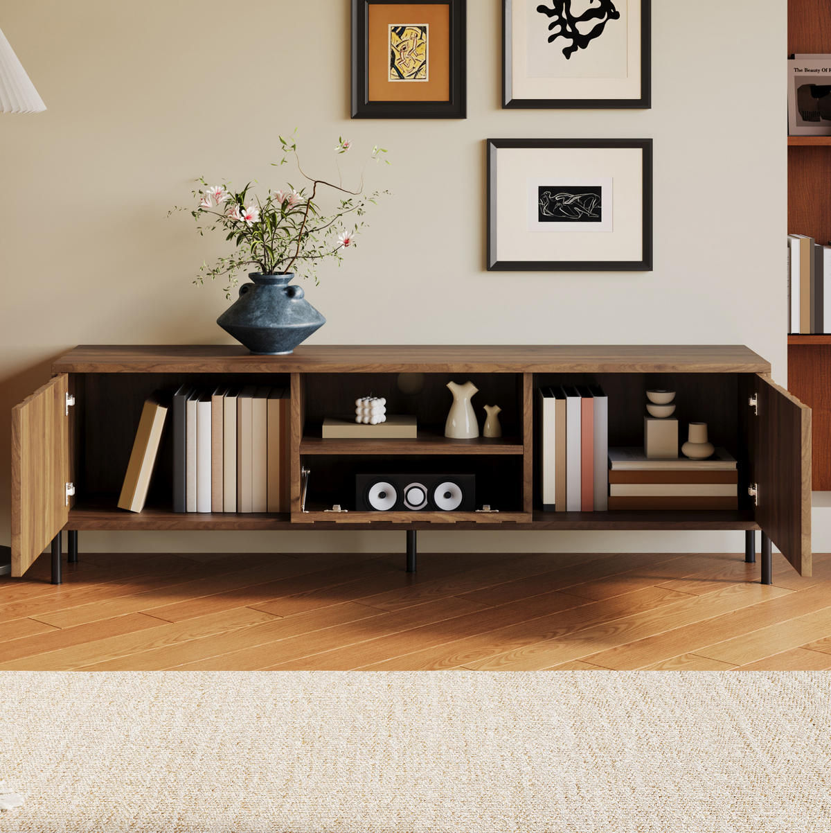 TV-SCHRANK aus MDF 160x35x46 cm Natur mit Kabeldurchführung und Stauraum, wellenförmiges Türdesign - Naturfarben, Holzwerkstoff (160/46/35cm) - Modfu