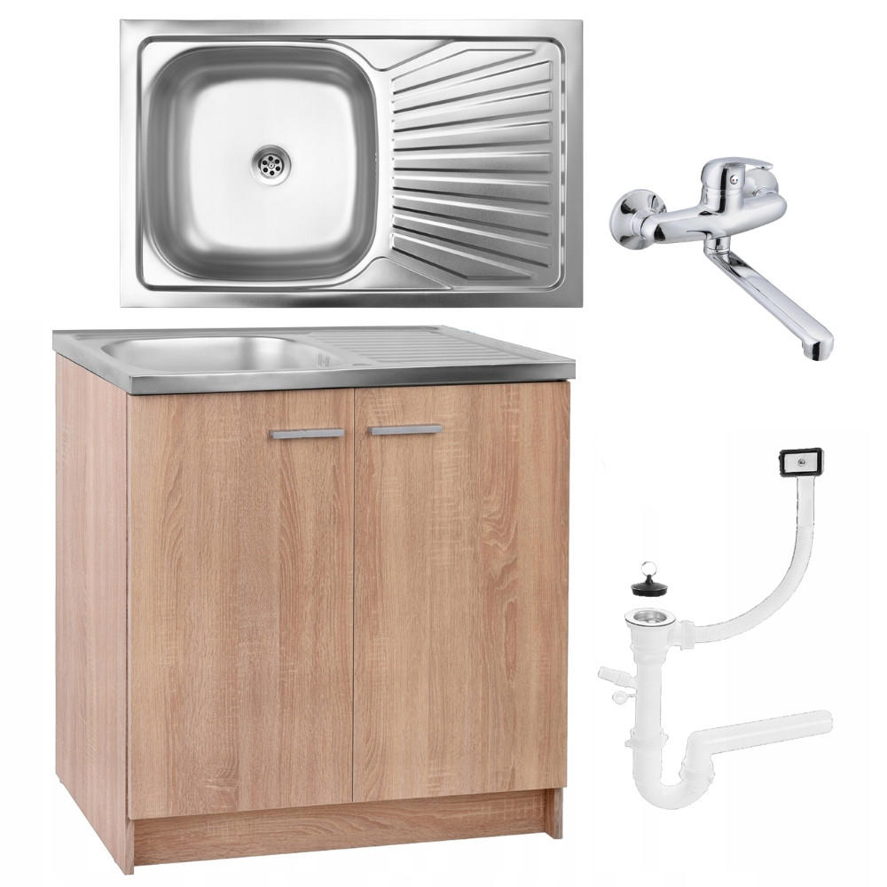 SPÜLUNTERSCHRANK 80cm mit Spüle + Armatur + Siphon Eichenfarbe - Eichefarben, Holzwerkstoff (80/81/46cm) - Stamar
