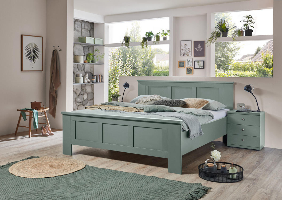 SCHLAFZIMMER Greenholm in Salbeigrün 4 teilig mit Kleiderschrank 250cm Breite mit Spiegel, 180er Doppelbett und zwei Nachtschränken - Grün, Holzwerkstoff (80/200/120cm)