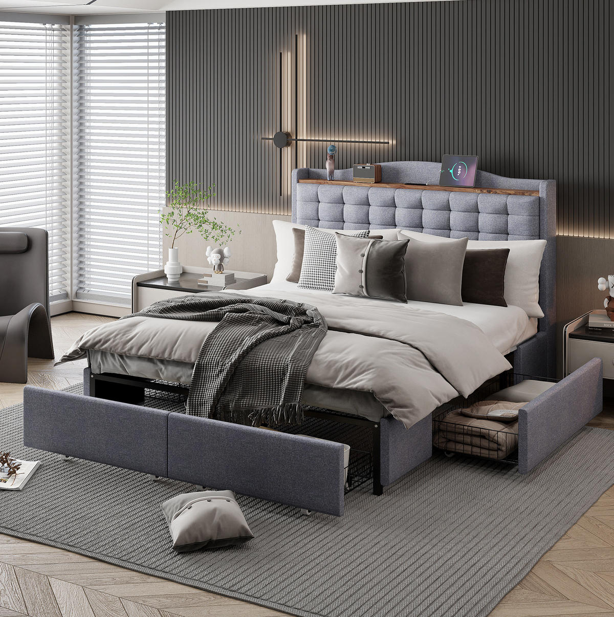 POLSTERBETT 140/200 cm mit USB-Ladeanschluss, Ablage und 4 Schubladen, grauer Leinenstoff - Grau, Textil (140/200cm) - Redom