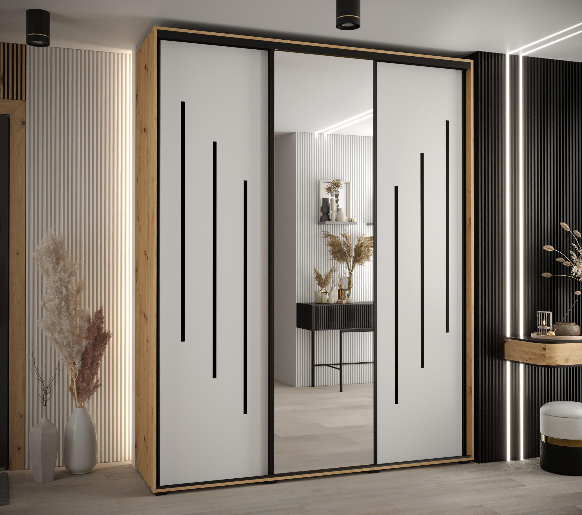 SCHWEBETÜRENSCHRANK 235,2/200/60 3-türig - Schwarz/Weiß, Holz/Metall (200/235/60cm) - Abiks Möbel