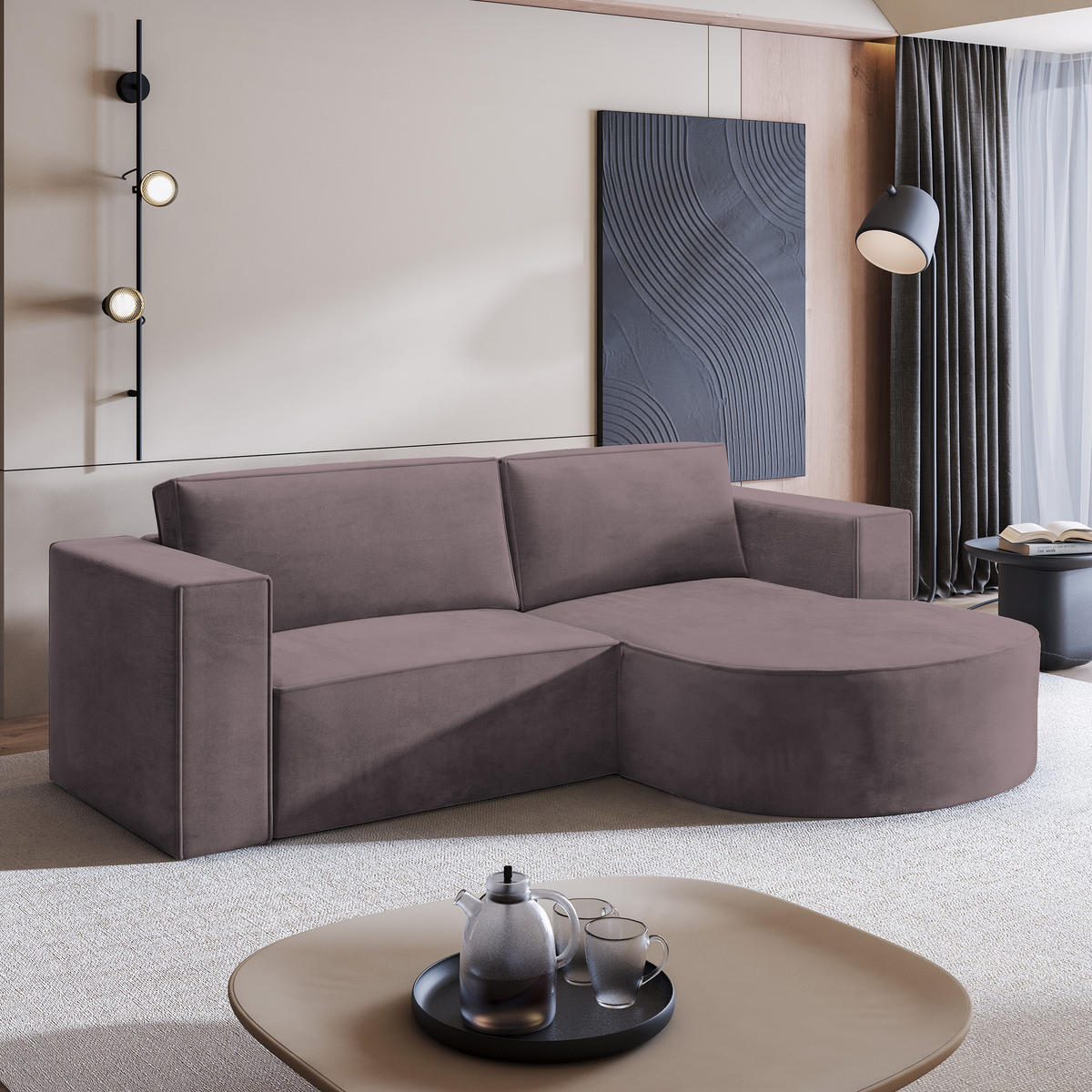 ECKSOFA SORELA M R-S Lila Velours-Stoff mit Schlaffunktion - Lila, Holz (263/174cm) - MASSENO
