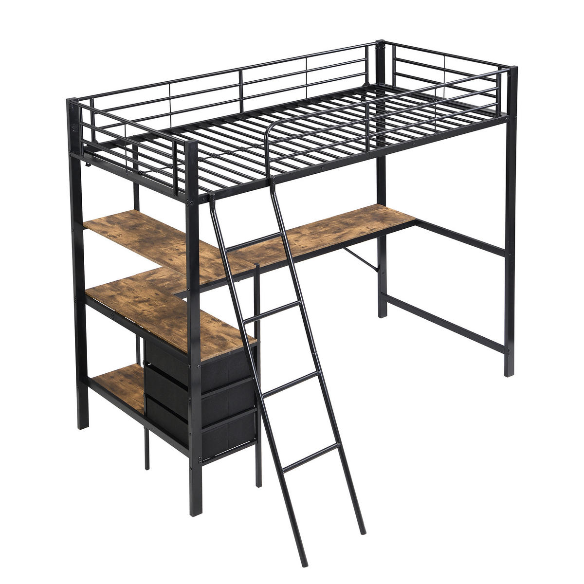 ETAGENBETT 90/200 cm in Schwarz & Dunkler Walnuss mit 3 Schubladen, Tisch und Regal - Schwarz, Holzwerkstoff/Metall (90/200cm) - CHICFURN