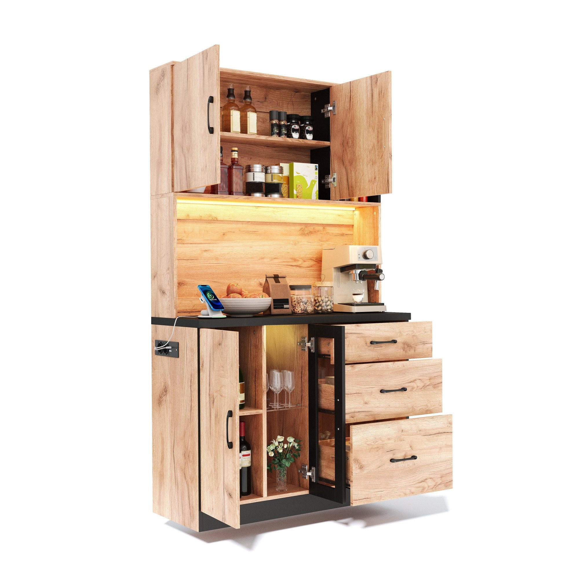 BUFFET aus MDF 105x40x180 cm Neutral mit LED-Beleuchtung, verstellbaren Einlegeböden und Steckdosenleiste - Naturfarben, Holzwerkstoff (105/180/40cm) - Modfu