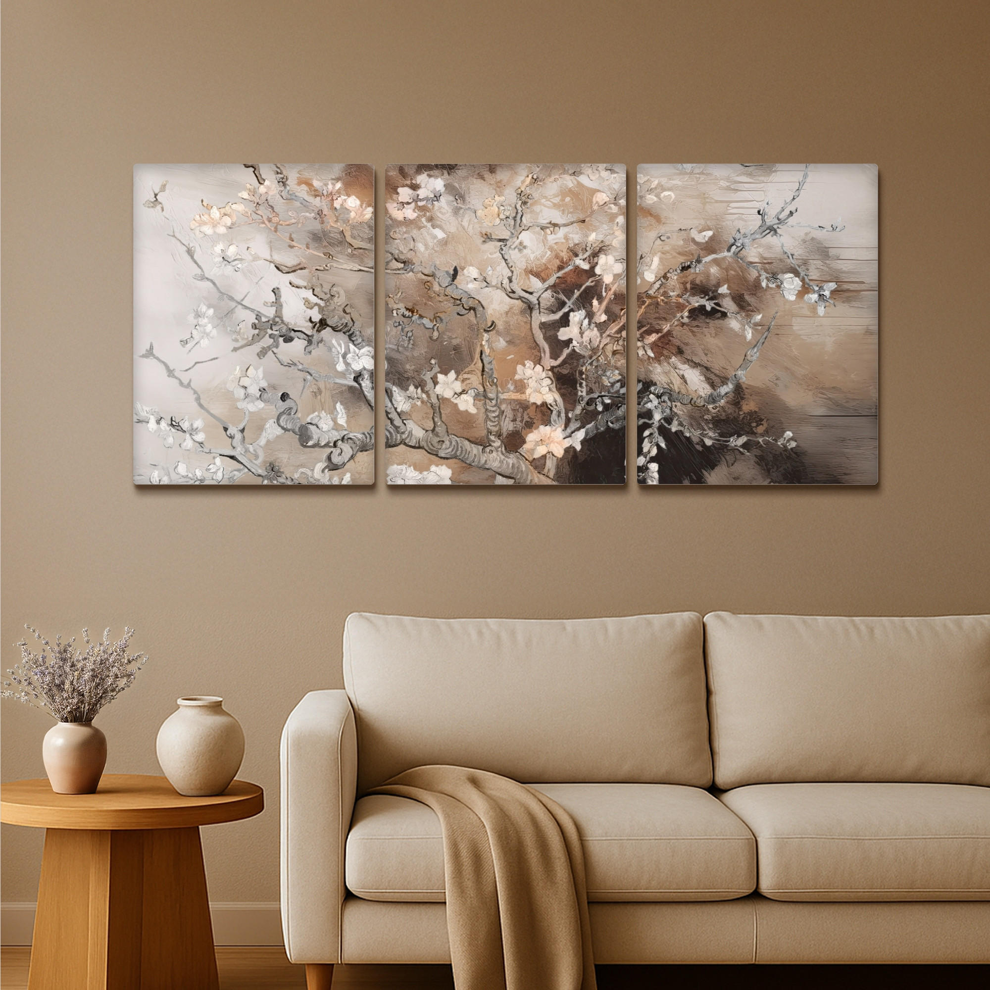 LEINWANDBILD 3er Set Mandelblüte - Abstrakt - Beige 180x80 cm - Beige, Textil (180/80cm) - MuchoWow